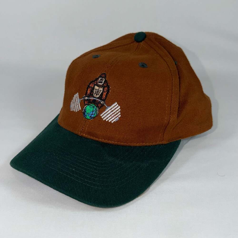 Vintage World Gym Gorilla Lifting Earth Corduroy Baseball Cap Brown and Green